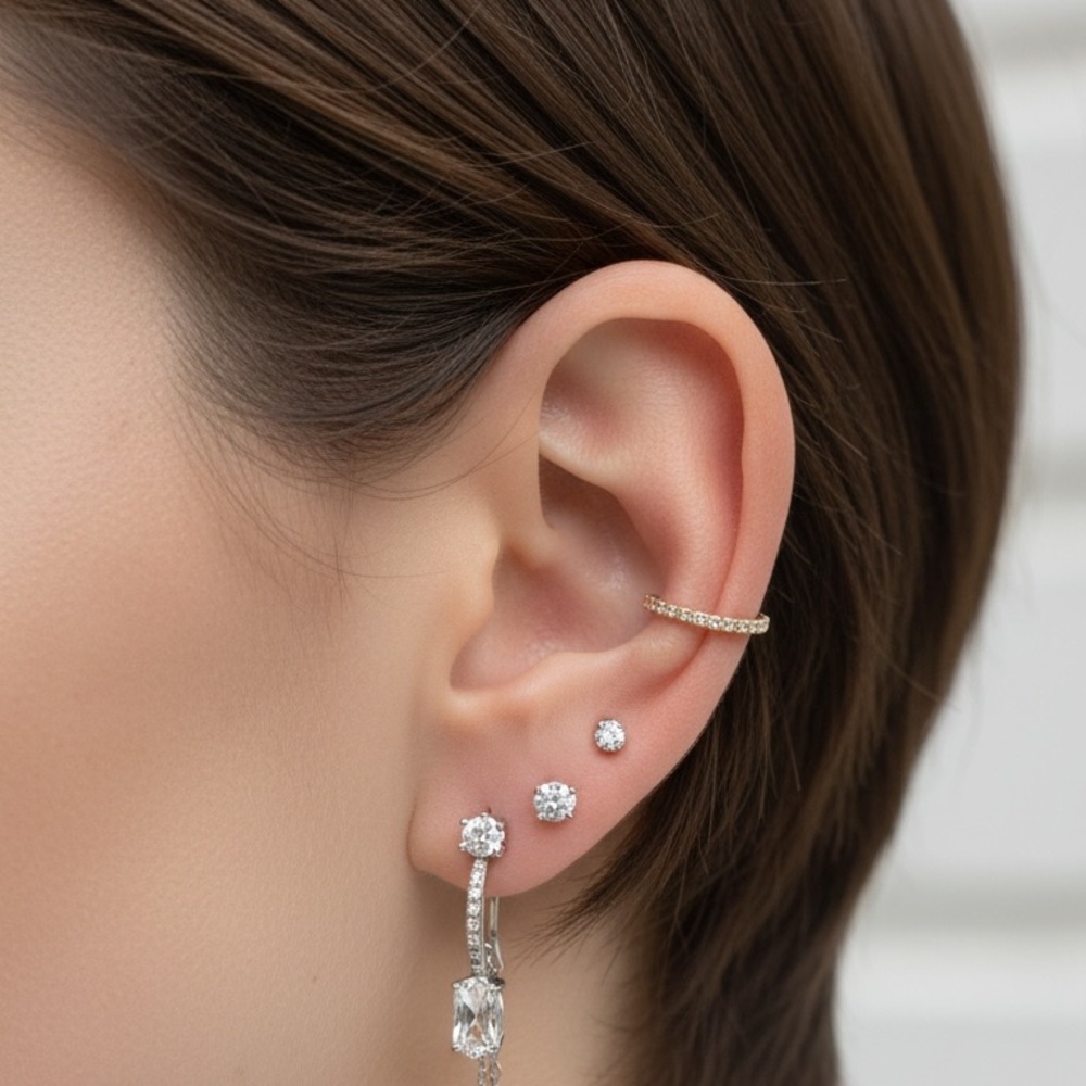 Two Rose Gold Ear Cuff Earrings No Piercing Clip On Crystal CZ Sterling Silver